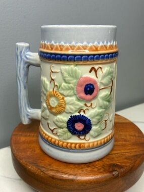 Vintage Japan Ceramic Beer Stein Mug Raised Floral Blue Pink Orange MCM